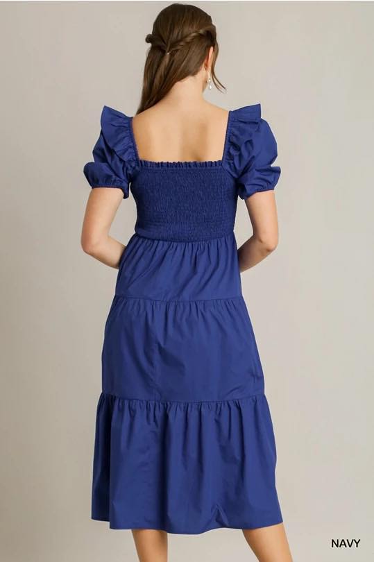 Smocked Tiered Midi Dress with Short Ruffle Sleeves by Umgee